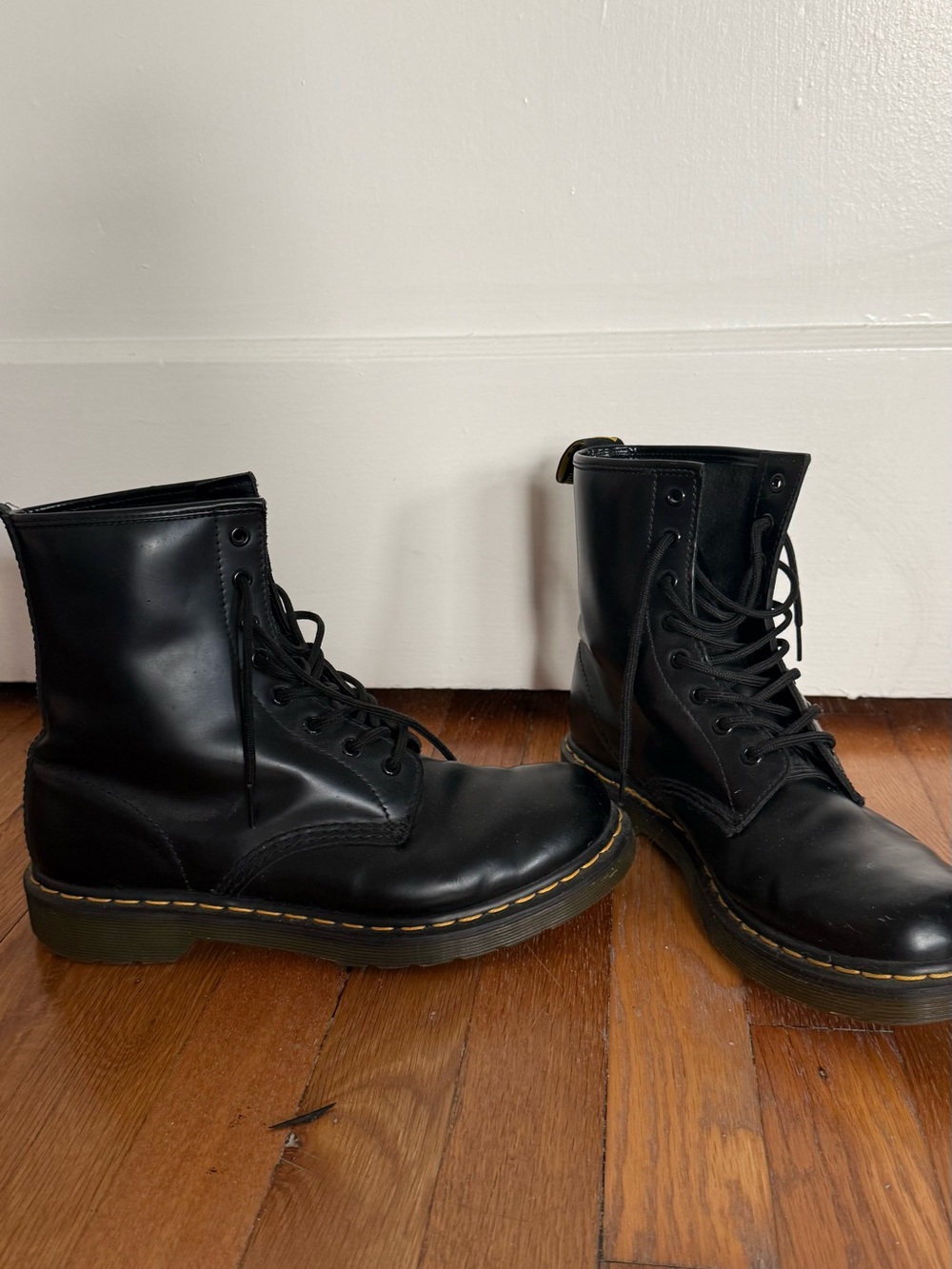Dr. Martens 1460 Black Leather 8-Eye Lace-Up Boots with Yellow Snitching